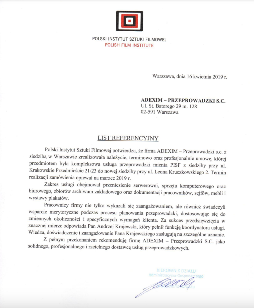 firma przeprowadzkowa list referencyjny