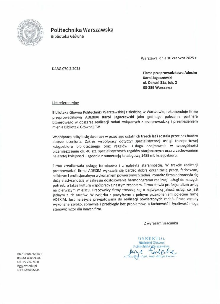 firma przeprowadzkowa list referencyjny