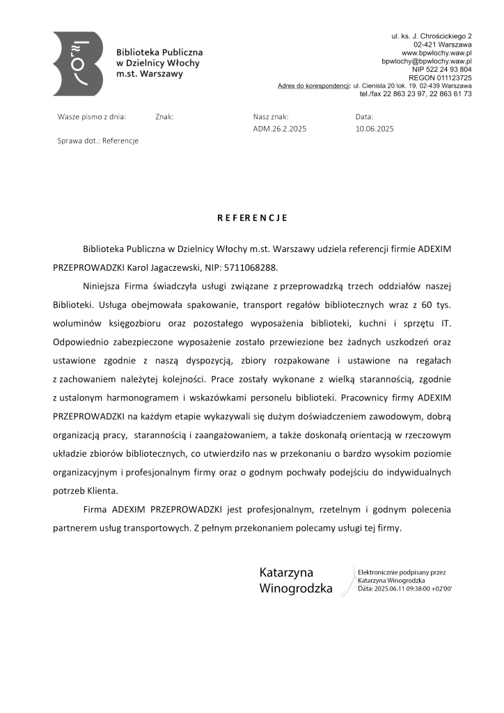 firma przeprowadzkowa list referencyjny
