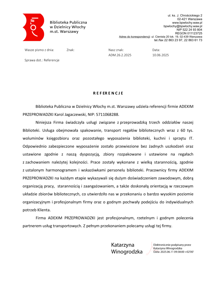 firma przeprowadzkowa list referencyjny